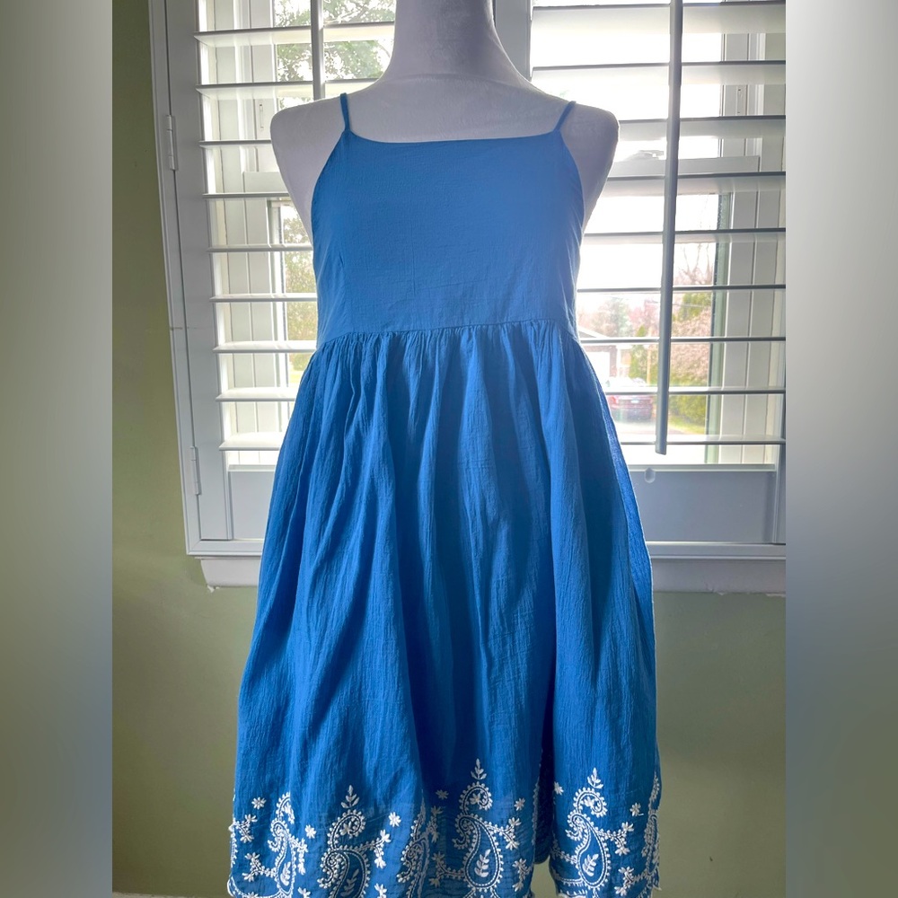 Blue Spaghetti Strap Kids Dress with Embroidery